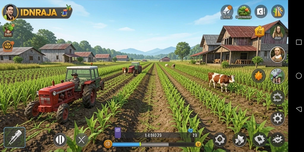 Tampilan gameplay IDNRAJA dengan pertanian yang subur dan aktif.