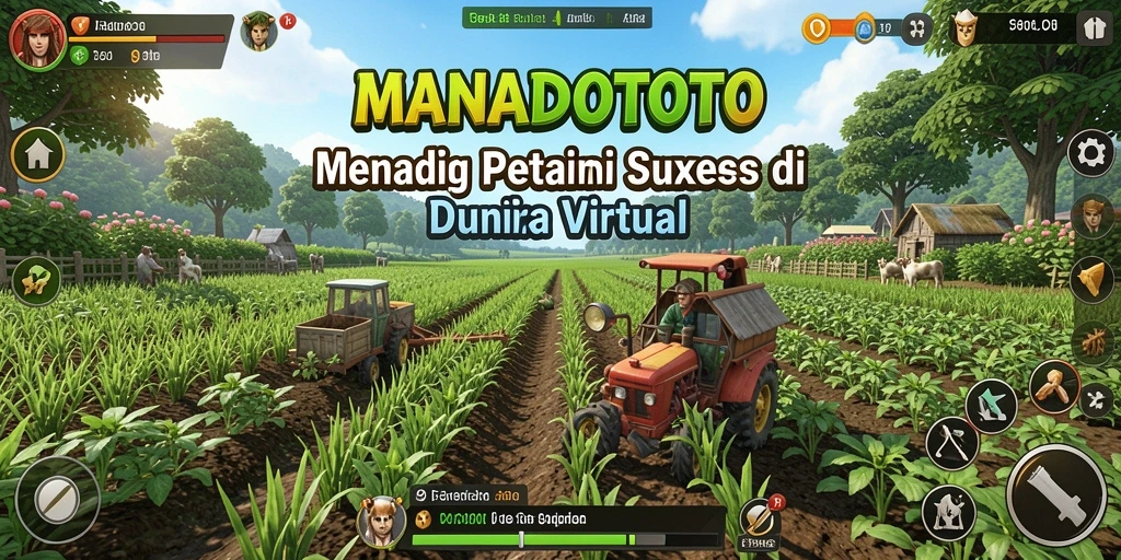 Screenshot gameplay MANADOTOTO menampilkan lahan pertanian yang subur dan berwarna-warni.