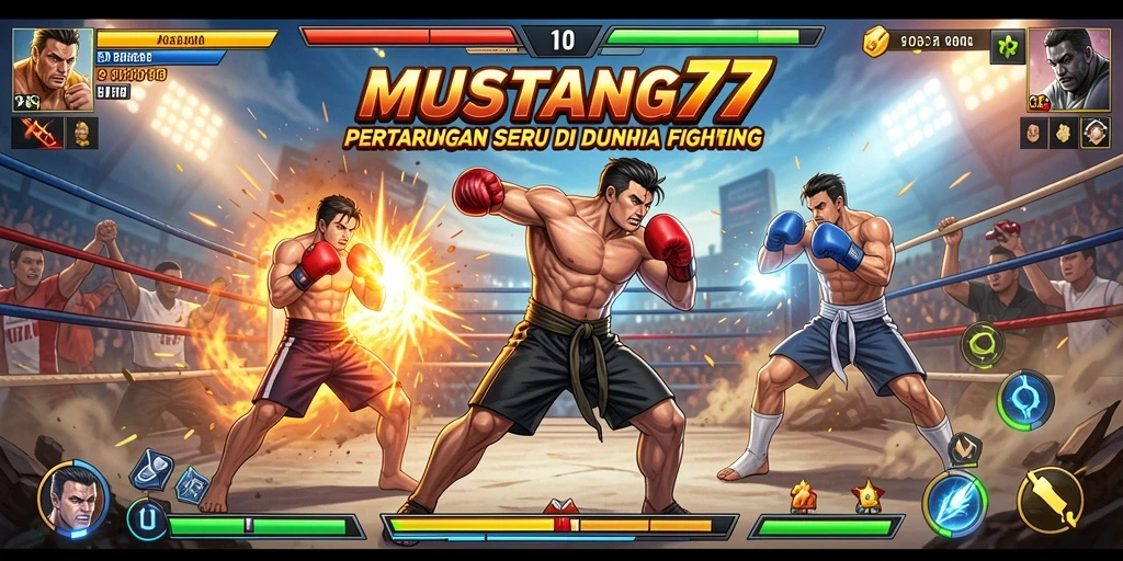 Tampilan gameplay <strong>MUSTANG77</strong> yang mendebarkan dengan karakter bertarung intens.