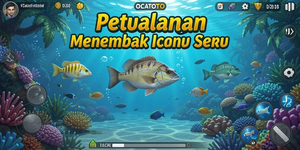 Tampilan gameplay OCATOTO dengan aksi menembak ikan yang seru.