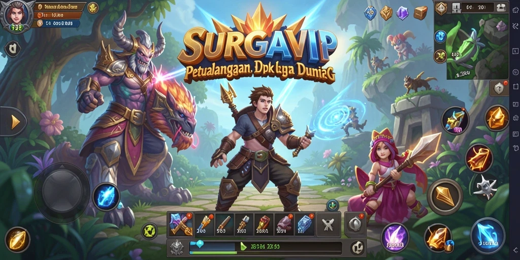 Tangkapan layar utama SURGAVIP menampilkan pertempuran epik di dunia RPG.