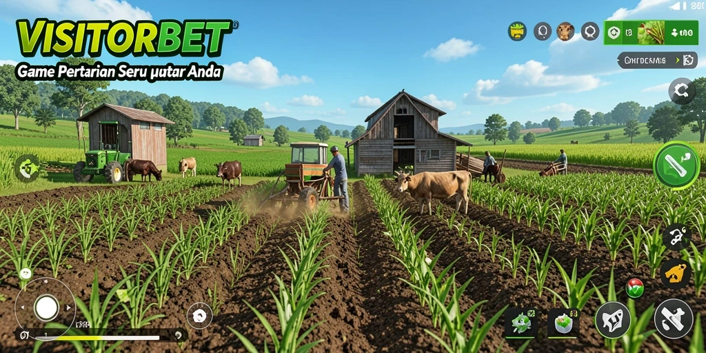 Screenshot gameplay dari VISITORBET menunjukkan petani yang sedang merawat tanaman.
